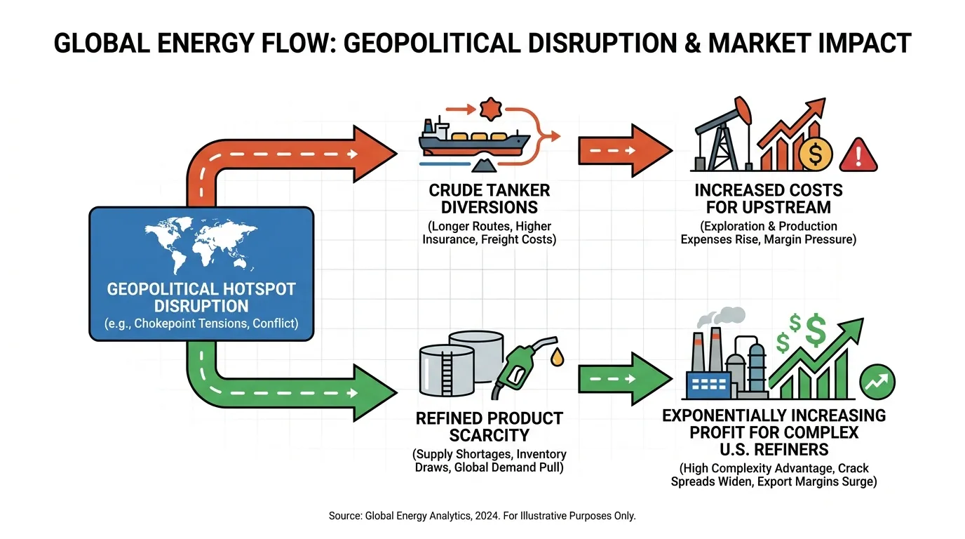 A flow diagram showing "Geopolitical Hotspot Disruption" leading to "Crude Tanker Diversions" (increasing costs for Upstream) vs. "Refined Product Scarcity" (exponentially increasing profit for complex U.S. refiners).