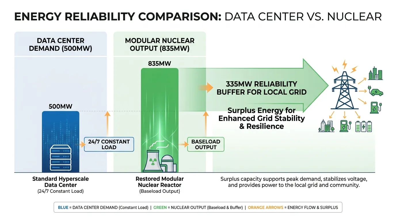 Comparison of a 500MW standard hyperscale data center's 24/7 load vs. the 835MW output of a restored modular nuclear reactor, highlighting the 335MW "Reliability Buffer" for the local grid.