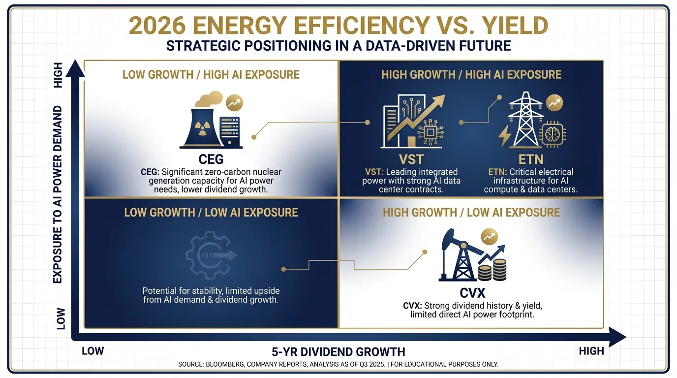 A 2x2 matrix plot titled '2026 Energy Efficiency vs. Yield'. X-axis: 5-Yr Dividend Growth. Y-axis: Exposure to AI Power Demand. Top-right quadrant features VST and ETN. Bottom-right features CVX. Top-left features CEG. Professional Bloomberg-terminal aesthetic, navy blue and gold color palette.
