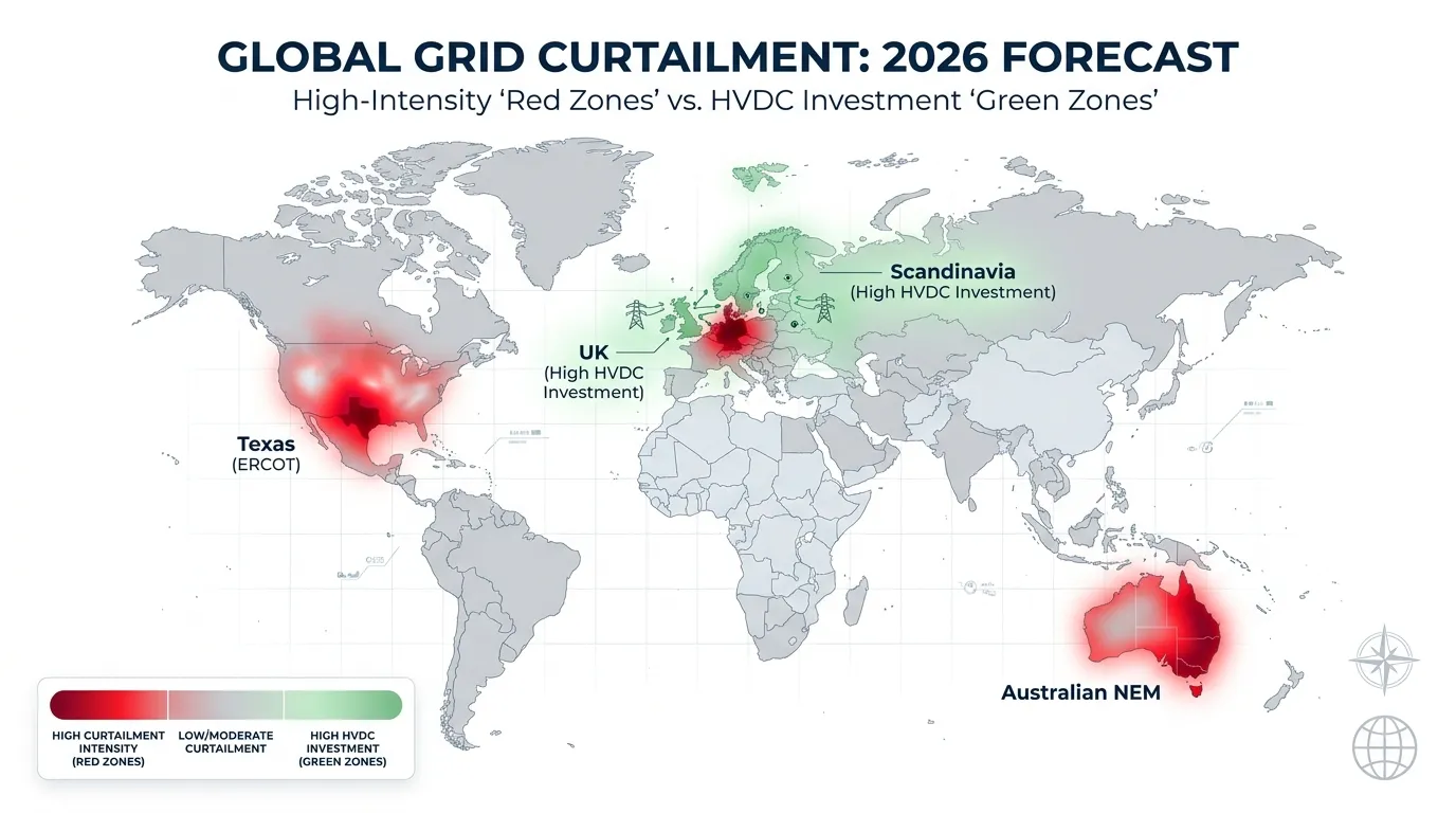 Global heatmap highlighting "Red Zones" for grid curtailment in 2026. High-intensity red in Northern Germany, Texas (ERCOT), and the Australian NEM. Soft green in regions with high HVDC (High Voltage Direct Current) investment like the UK and Scandinavia.
