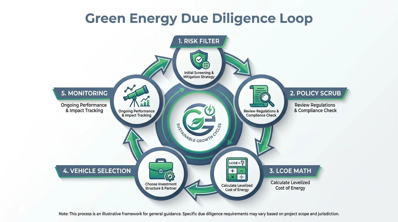 A circular five-step flowchart titled "Green Energy Due Diligence Loop." Icons include: 1. Risk Filter (shield), 2. Policy Scrub (document), 3. LCOE Math (calculator), 4. Vehicle Selection (briefcase), and 5. Monitoring (telescope). Use a professional palette of slate blue and emerald green.