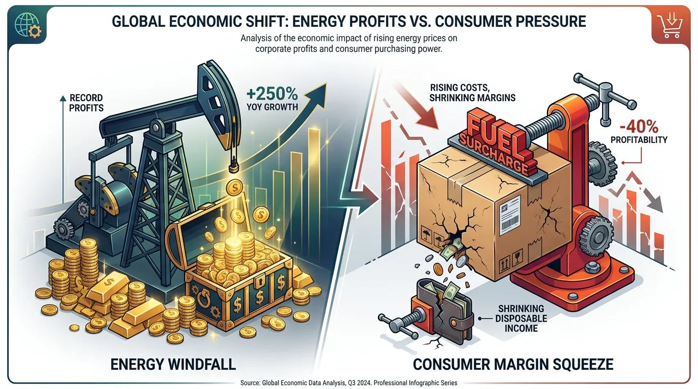A split-screen 3D isometric diagram: Left side shows a dark oil derrick pumping gold coins (Energy Windfall); Right side shows a retail shipping box being squeezed by a red "Fuel Surcharge" vise (Consumer Margin Squeeze).