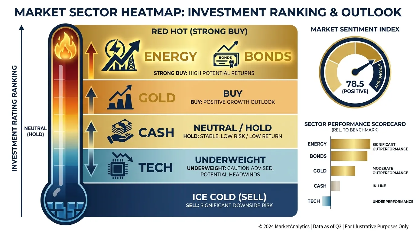 A vertical thermometer-style ranking chart from "Ice Cold (Sell)" to "Red Hot (Strong Buy)". Energy and Bonds are at the top (Strong Buy), Gold is in the Buy zone, Cash is in the middle (Neutral/Hold), and Tech is near the bottom (Underweight). Use high-contrast professional navy and gold colors.