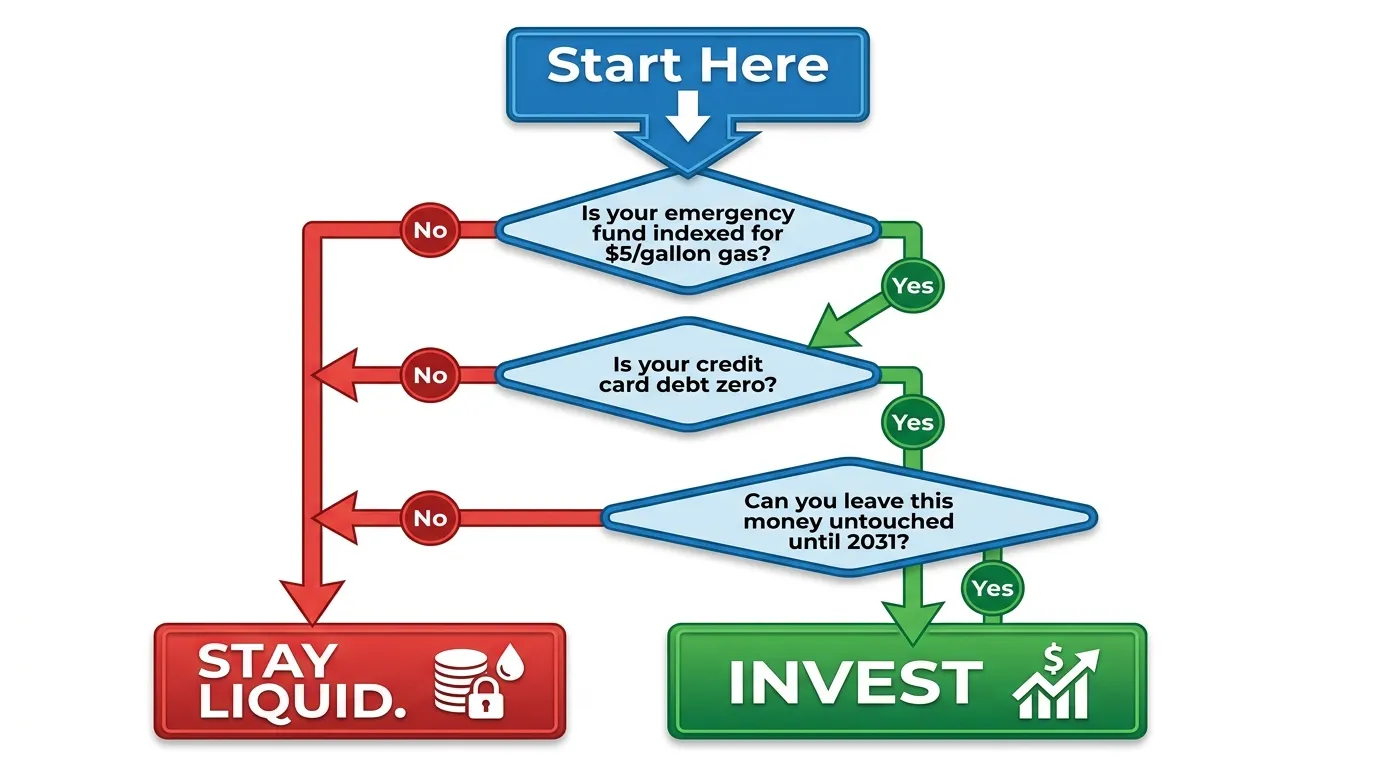 A vertical "Go/No-Go" flowchart. Top: "Start Here." Step 1: "Is your emergency fund indexed for $5/gallon gas?" (Yes/No). Step 2: "Is your credit card debt zero?" (Yes/No). Step 3: "Can you leave this money untouched until 2031?" (Yes/No). Bottom: Large green "INVEST" vs. Red "STAY LIQUID."
