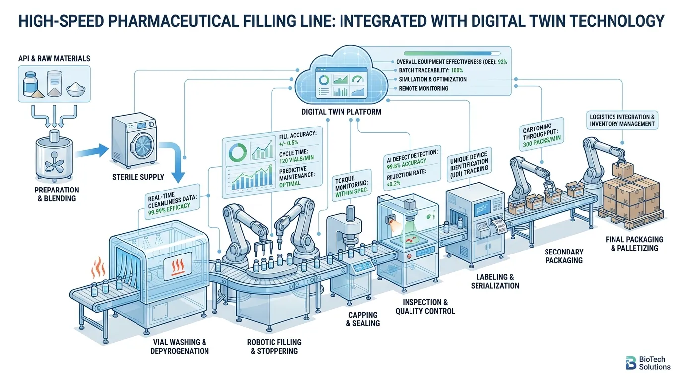 schematic of a high-speed pharmaceutical filling line with robotic arms and digital twin data overlays, showing material flow from API to packaging.