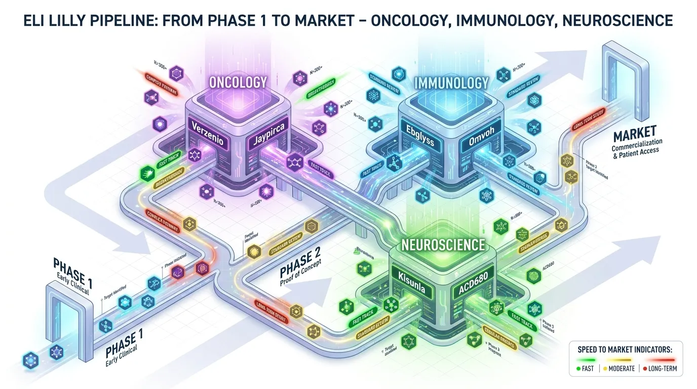 3D isometric map of Eli Lilly’s pipeline from Phase 1 to Market. Categorized into three glowing hubs: Oncology (Verzenio, Jaypirca), Immunology (Ebglyss, Omvoh), and Neuroscience (Kisunla, ACD680). Highlighting 50+ molecular assets with color-coded "Speed to Market" indicators.