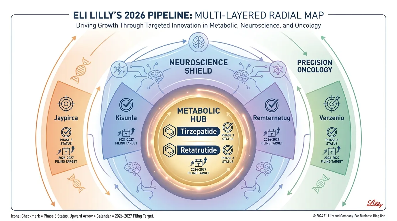 A multi-layered radial map of Eli Lilly’s 2026 pipeline. The center core represents "Metabolic Hub" (Tirzepatide, Retatrutide), surrounded by "Neuroscience Shield" (Kisunla, Remternetug), and an outer ring of "Precision Oncology" (Jaypirca, Verzenio). Icons indicate Phase 3 status and 2026-2027 filing targets.