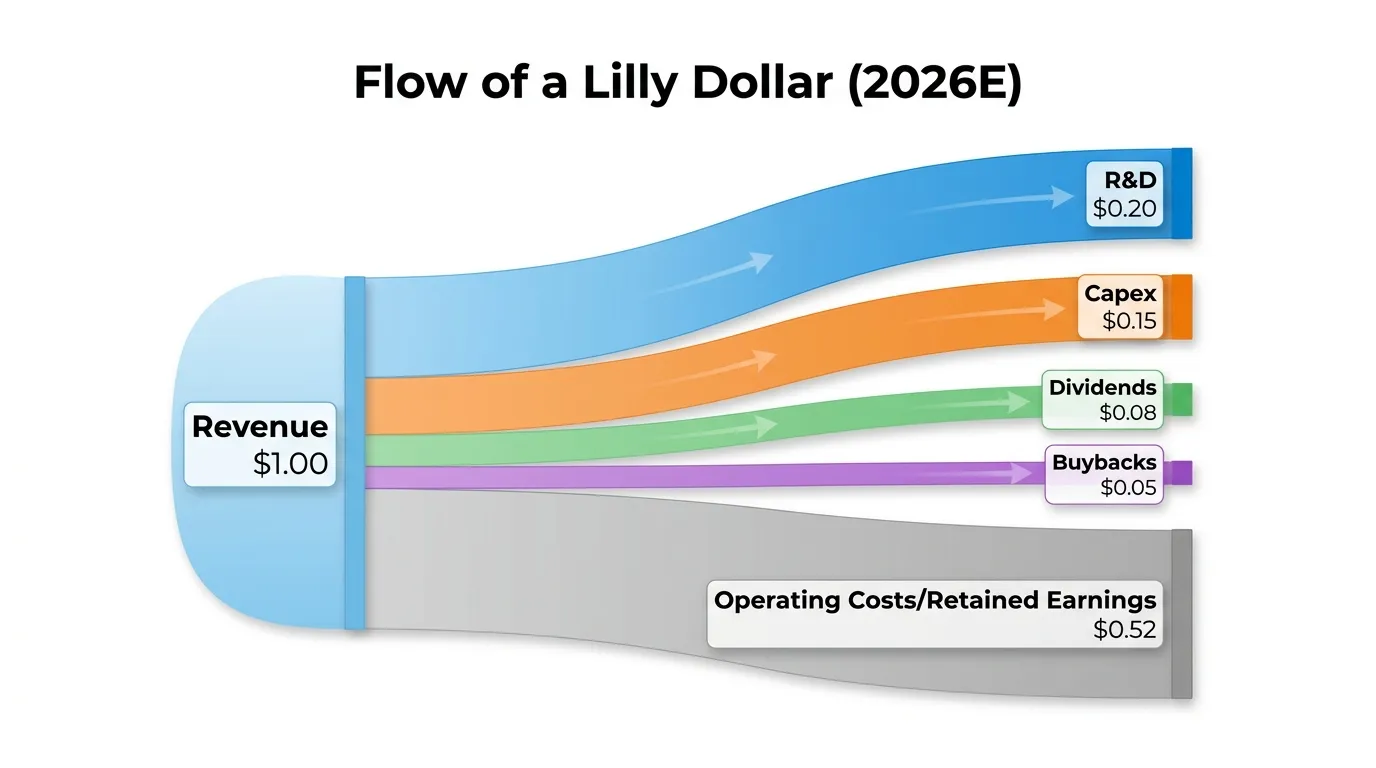 A Sankey diagram titled "Flow of a Lilly Dollar (2026E)" showing $1.00 of Revenue splitting into: $0.20 R&D, $0.15 Capex, $0.08 Dividends, $0.05 Buybacks, and $0.52 Operating Costs/Retained Earnings.