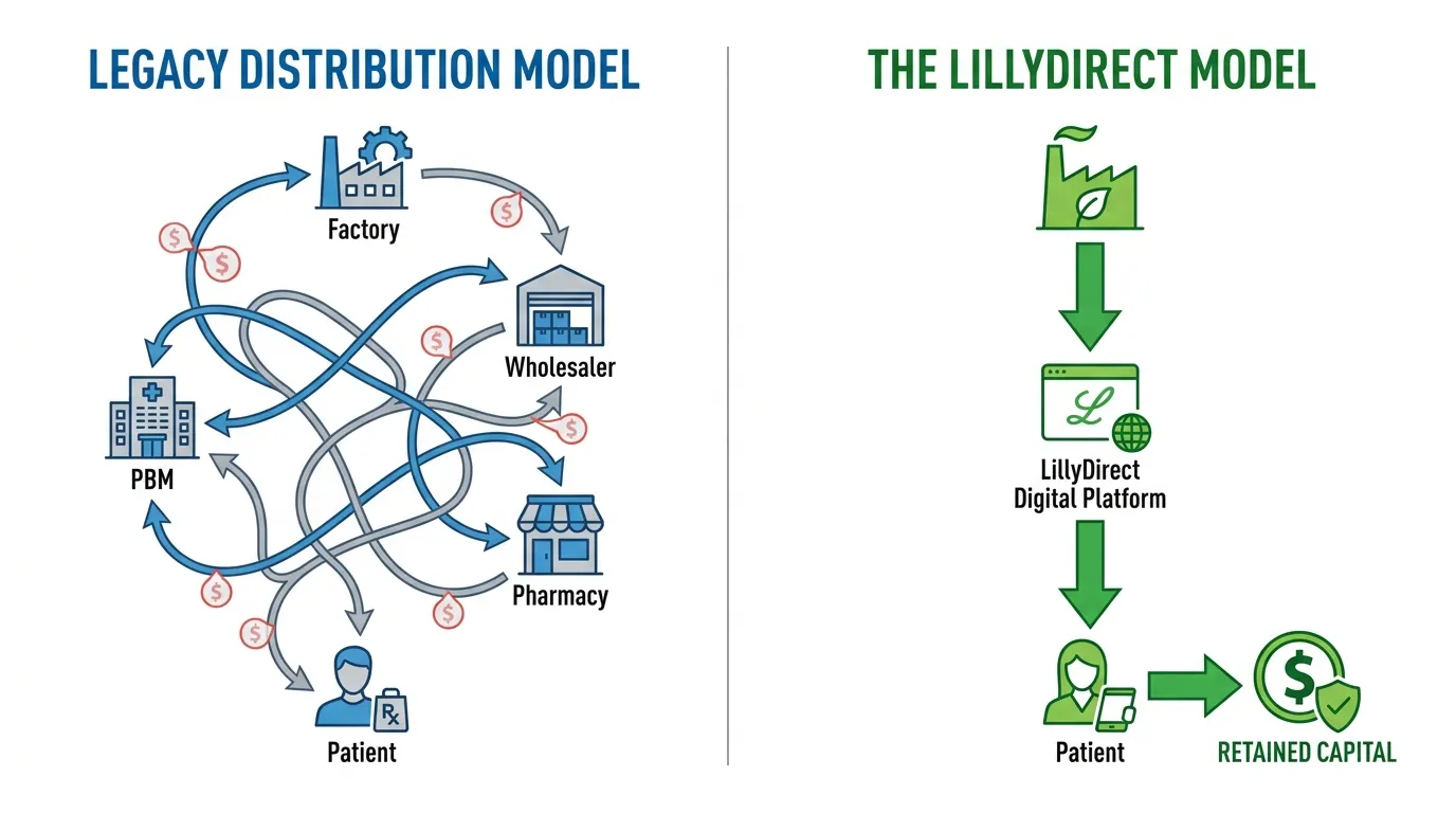 A split-screen vertical flowchart. Left side titled "Legacy Distribution Model" showing a tangled web of Factory -> Wholesaler -> PBM -> Pharmacy -> Patient, with dollar icons leaking at each junction. Right side titled "The LillyDirect Model" showing a streamlined, straight line from Factory -> LillyDirect Digital Platform -> Patient, with larger, solid green arrows indicating retained capital.