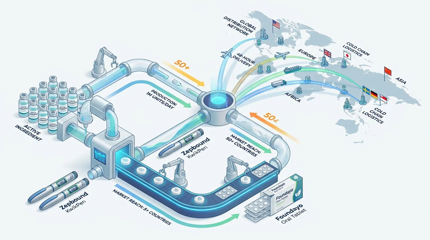 3D isometric view of a high-tech pharmaceutical manufacturing line showing the transition from a glass vial to a Zepbound KwikPen and a Foundayo oral tablet, highlighting global distribution routes.