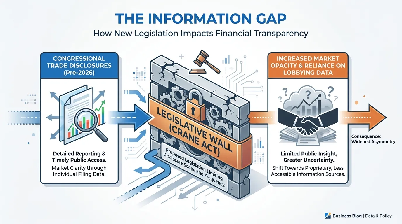 A conceptual flowchart showing "The Information Gap": On the left, 'Congressional Trade Disclosures (Pre-2026)'; in the middle, a 'Legislative Wall (Crane Act)'; on the right, 'Increased Market Opacity & Reliance on Lobbying Data'.