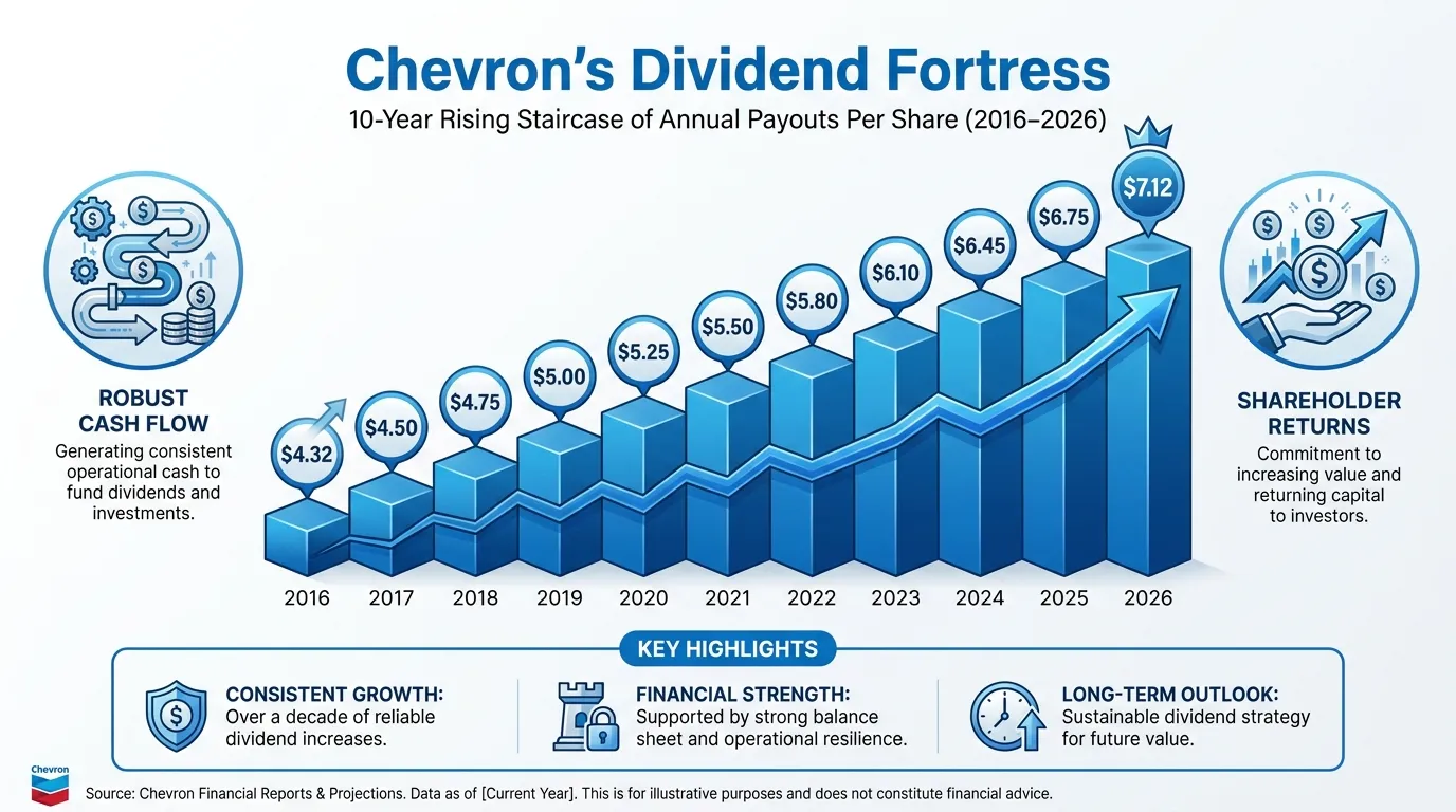 A professional financial infographic titled "Chevron's Dividend Fortress." It features a 10-year rising staircase chart of annual payouts per share, transitioning from 2016 ($4.32) to 2026 ($7.12). Use a clean, corporate blue color palette with icons representing cash flow and shareholder returns.