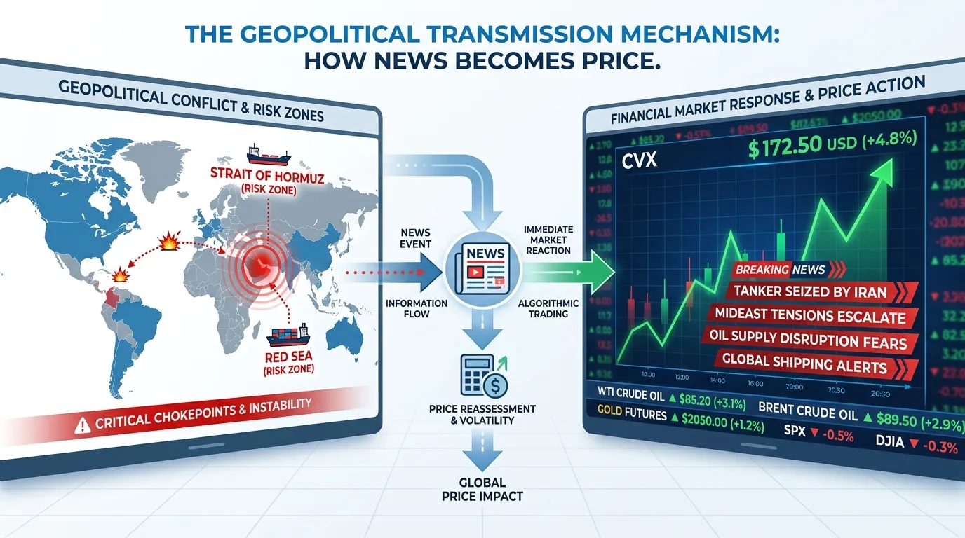 A split-screen dashboard. Left side: A world map highlighting the Strait of Hormuz and Red Sea with "Risk Zones" in red. Right side: A real-time stock ticker showing 'CVX' jumping vertically as news headlines (e.g., "Tanker Seized") flash. Central text: "The Geopolitical Transmission Mechanism: How News Becomes Price."