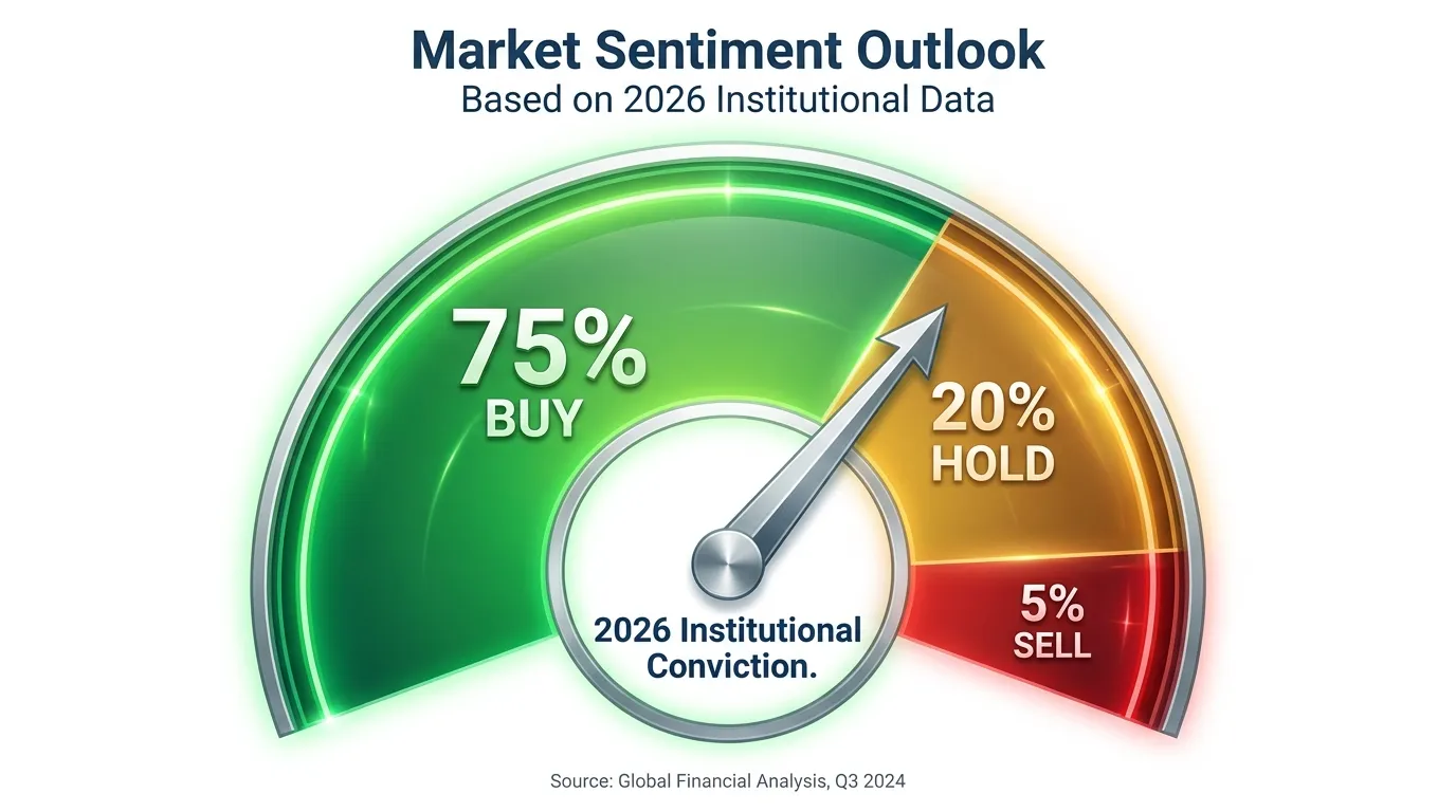 A circular sentiment gauge showing 75% "Buy" in vibrant green, 20% "Hold" in amber, and 5% "Sell" in red, with a central needle pointing deep into the Buy zone labeled "2026 Institutional Conviction."