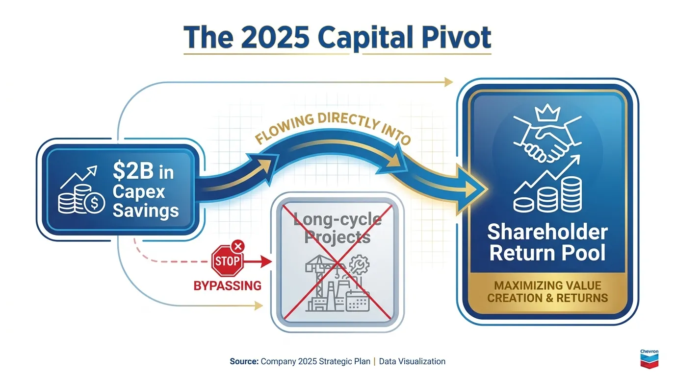 A sleek, professional flow diagram titled "The 2025 Capital Pivot." Arrows showing $2B in Capex savings flowing directly into a 'Shareholder Return Pool,' bypassing 'Long-cycle Projects.' Use Chevron blue and gold accents with minimalist icons.