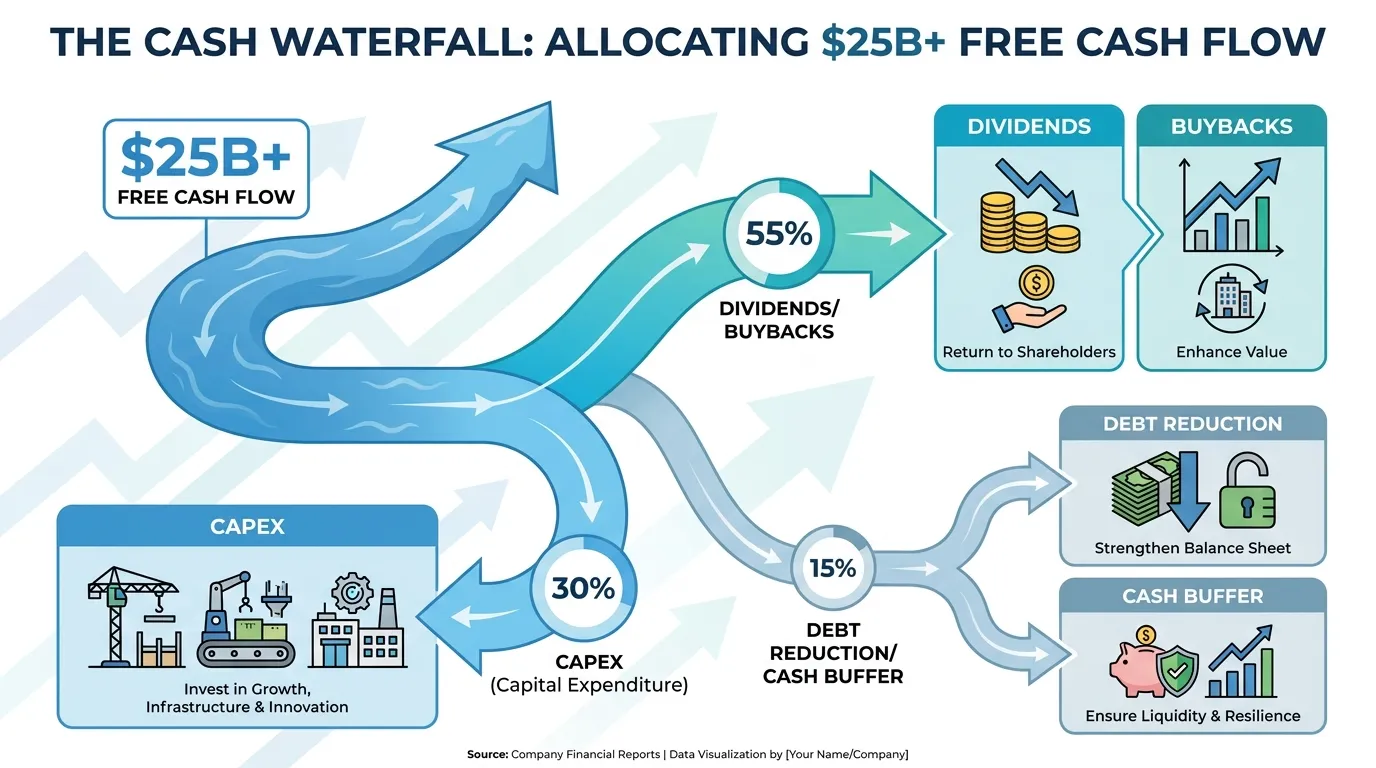 A diagram showing "The Cash Waterfall": $25B+ Free Cash Flow splitting into 55% Dividends/Buybacks, 30% Capex, and 15% Debt Reduction/Cash Buffer.
