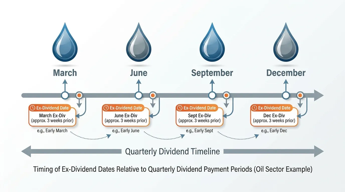 A clean timeline showing four oil drop icons labeled March, June, September, and December, with "Ex-Dividend Date" marked 3 weeks prior to each.