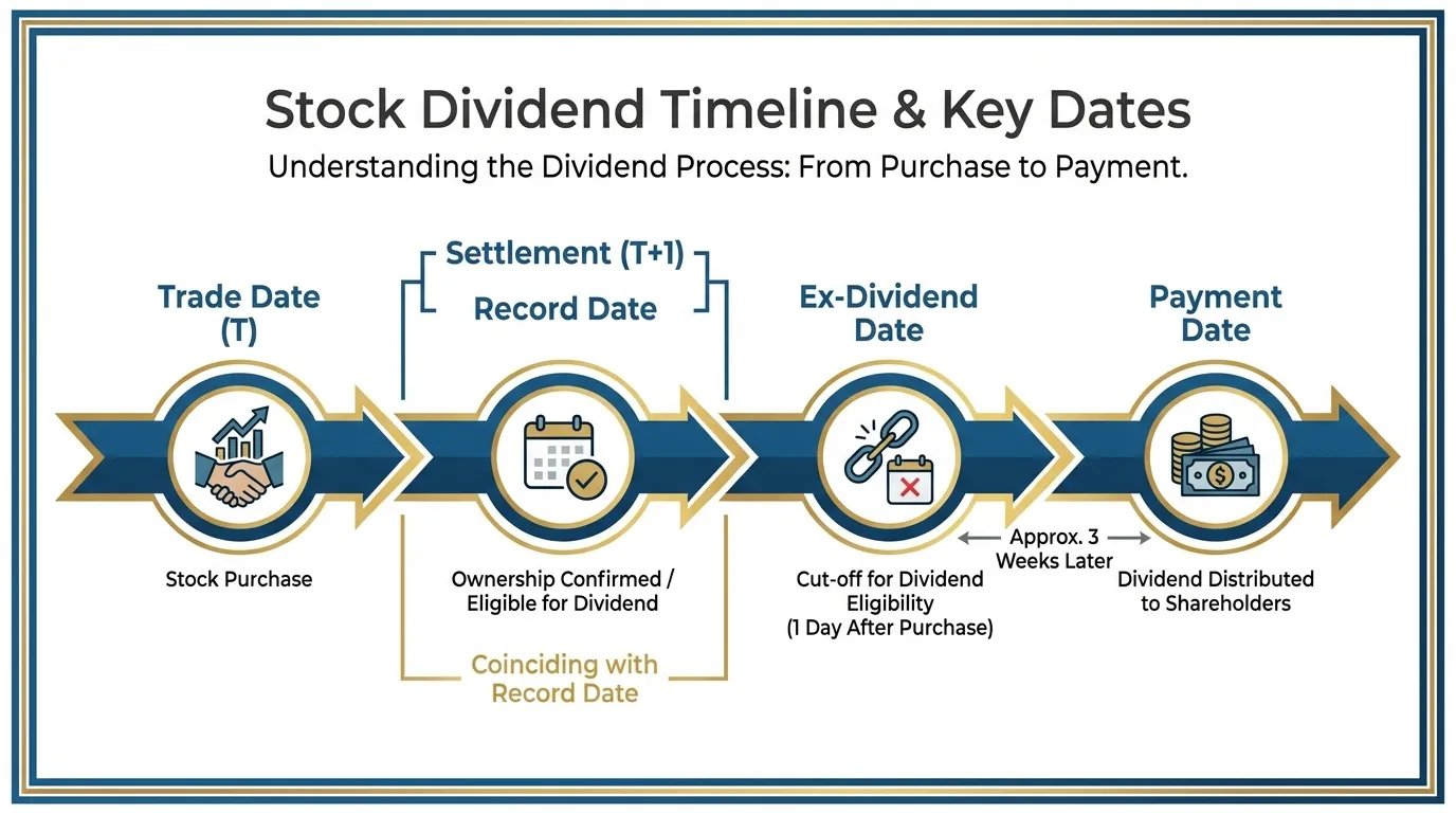 A horizontal linear timeline starting with "Trade Date (T)" showing stock purchase -> "Settlement (T+1)" coinciding with the Record Date -> "Ex-Dividend Date" (1 day after purchase) -> "Payment Date" (approx 3 weeks later). Use Chevron blue and gold accents.
