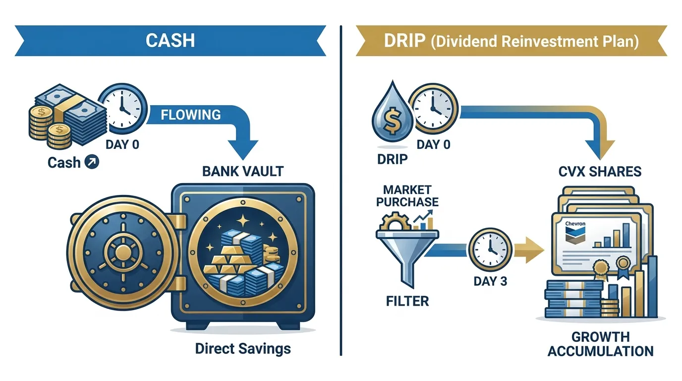A split-screen flow chart: Left side shows "Cash" flowing directly into a bank vault on Day 0. Right side shows "DRIP" flowing through a "Market Purchase" filter, resulting in a larger stack of CVX shares by Day 3. Use blue and gold corporate colors.