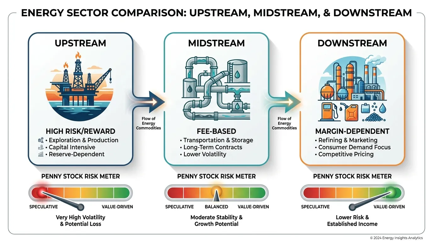A horizontal comparison flowchart showing three silos: Upstream (drilling rig icon, high risk/reward, reserve-dependent), Midstream (pipeline icon, fee-based, lower volatility), and Downstream (refinery icon, margin-dependent). Include a "Penny Stock Risk Meter" below each, scaling from 'Speculative' to 'Value-Driven'.