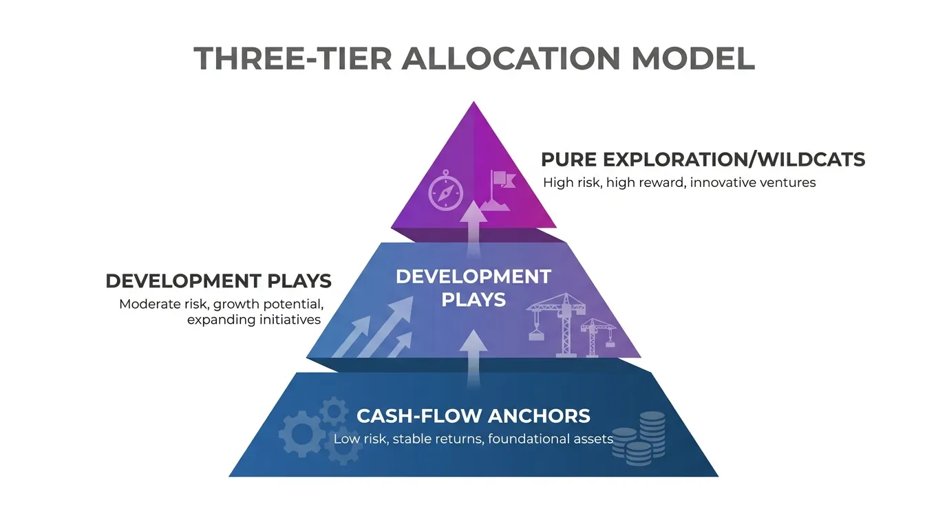 A pyramid diagram illustrating the Three-Tier Allocation Model: the wide base showing "Cash-Flow Anchors" supporting a middle layer of "Development Plays" and a narrow peak of "Pure Exploration/Wildcats."