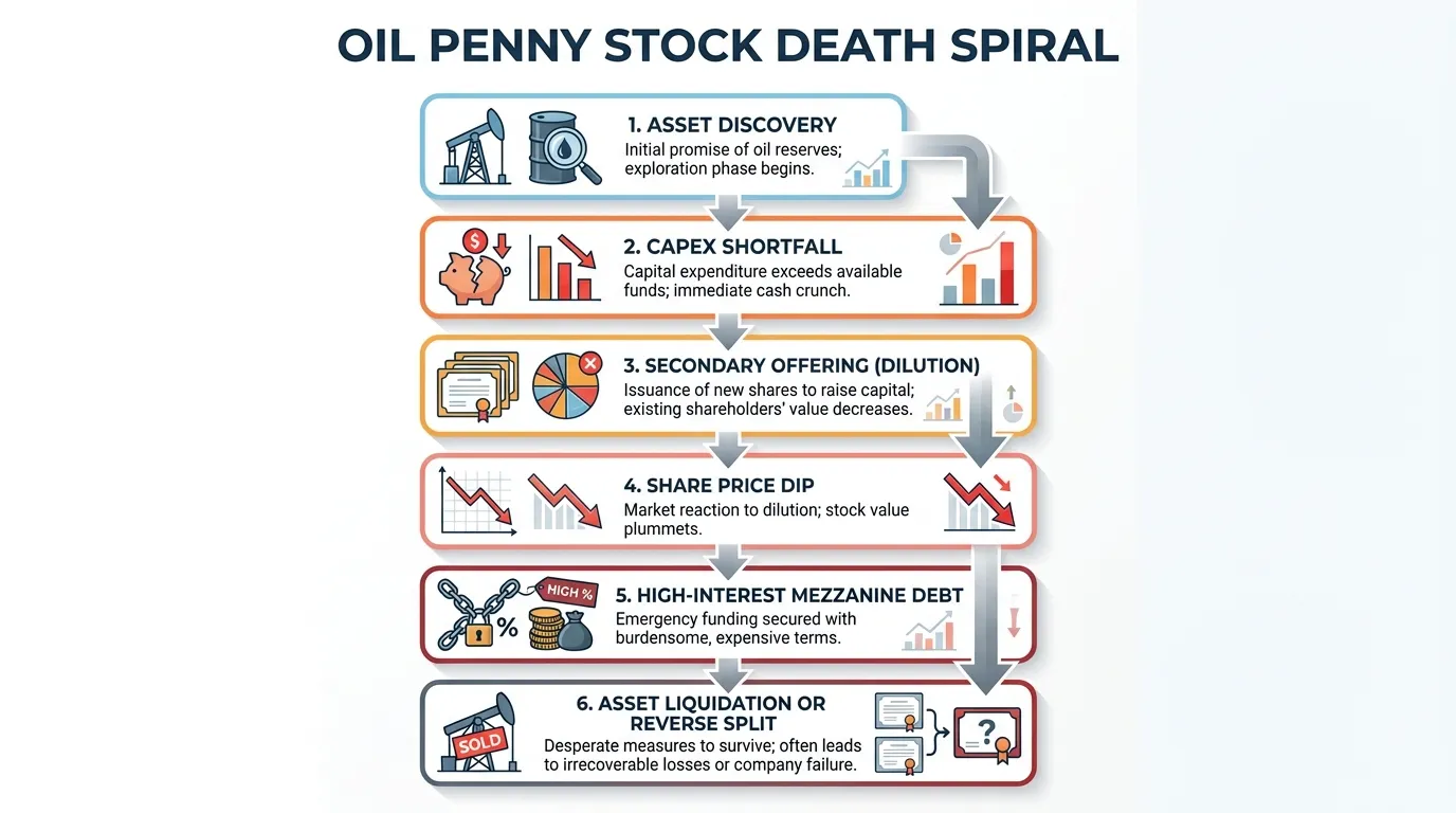 A vertical flow chart illustrating the "Oil Penny Stock Death Spiral": 1. Asset Discovery -> 2. CAPEX Shortfall -> 3. Secondary Offering (Dilution) -> 4. Share Price Dip -> 5. High-Interest Mezzanine Debt -> 6. Asset Liquidation or Reverse Split.