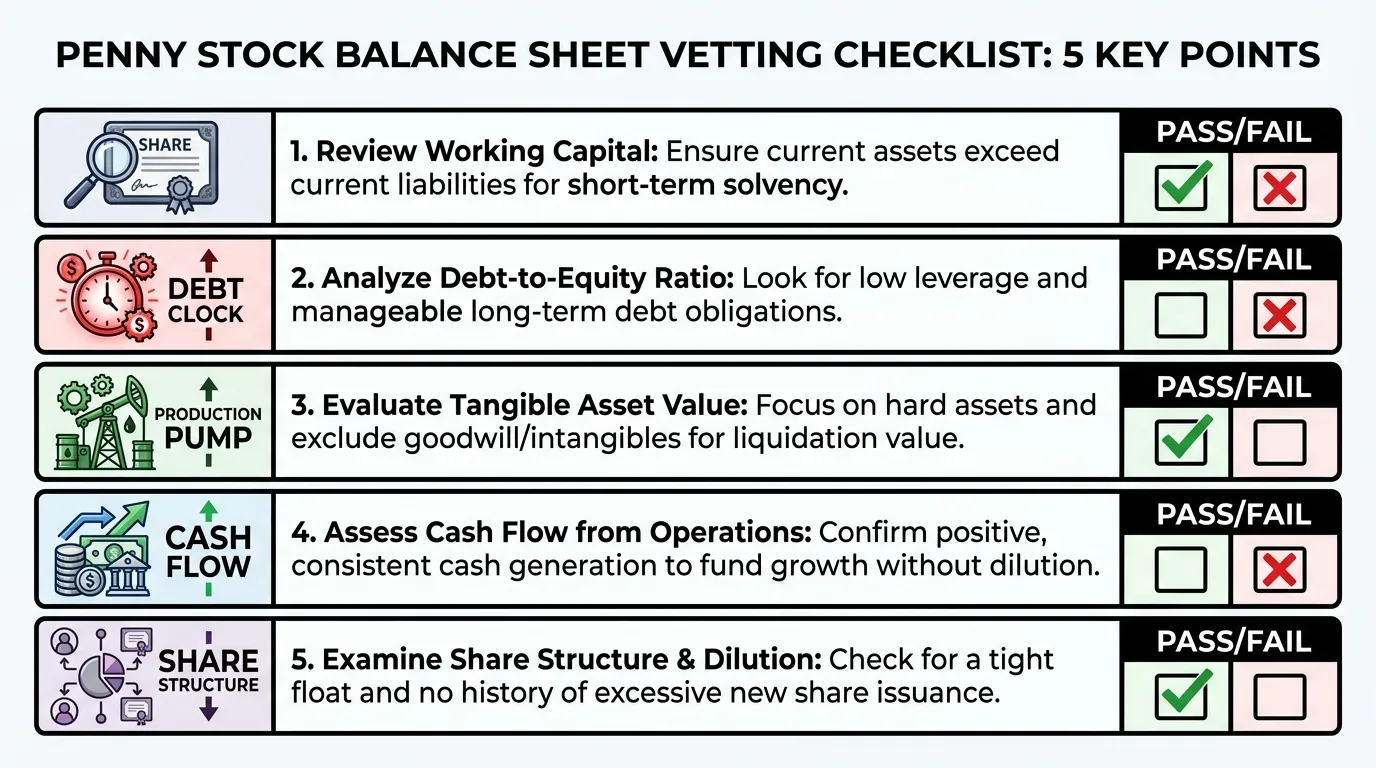 A high-contrast, professional 5-point checklist for vetting penny stock balance sheets. Icons include a magnifying glass over a share certificate, a red debt clock, and a green production pump. Each point features a "Pass/Fail" checkbox.