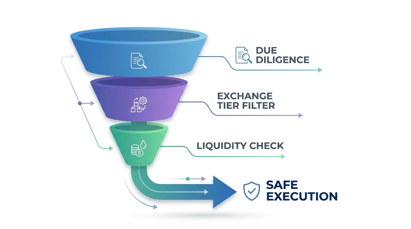 A funnel showing "Due Diligence" at the top, "Exchange Tier Filter" in the middle, and "Liquidity Check" at the bottom, resulting in "Safe Execution."