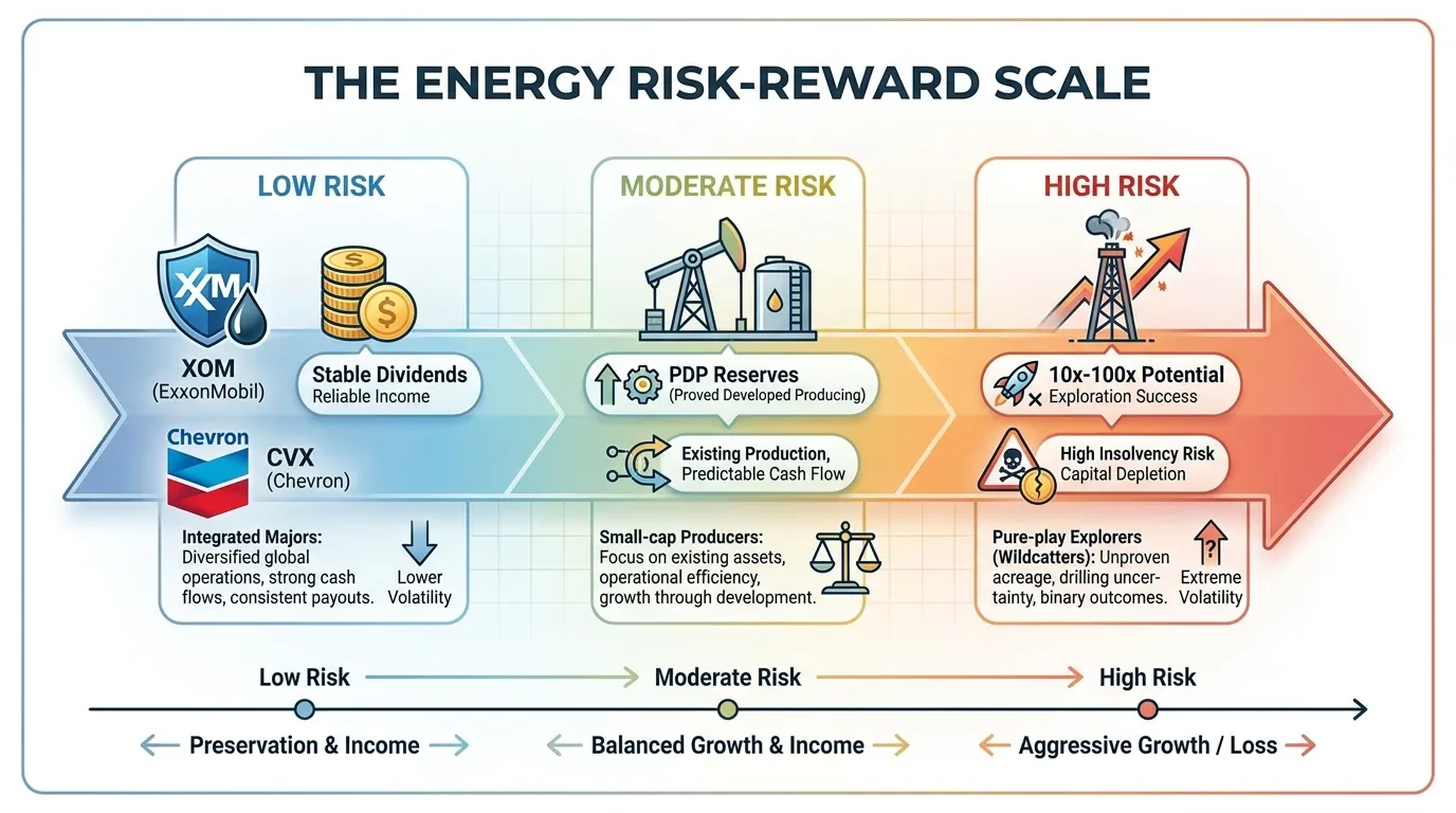 A horizontal spectrum arrow labeled "The Energy Risk-Reward Scale." On the far left (Low Risk): Integrated Majors (XOM, CVX) with stable dividends. In the middle: Small-cap Producers with PDP reserves. On the far right (High Risk): Pure-play Explorers (Wildcatters) with 10x-100x potential but high insolvency risk.
