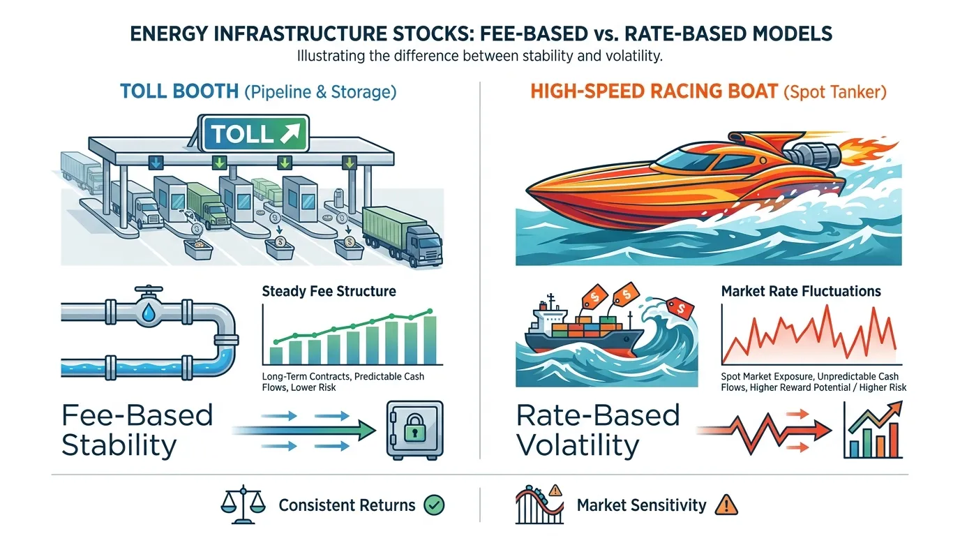 A split-screen diagram showing a 'Toll Booth' (Pipeline/Storage) vs a 'High-Speed Racing Boat' (Spot Tanker), illustrating the difference between fee-based stability and rate-based volatility in energy infrastructure stocks.