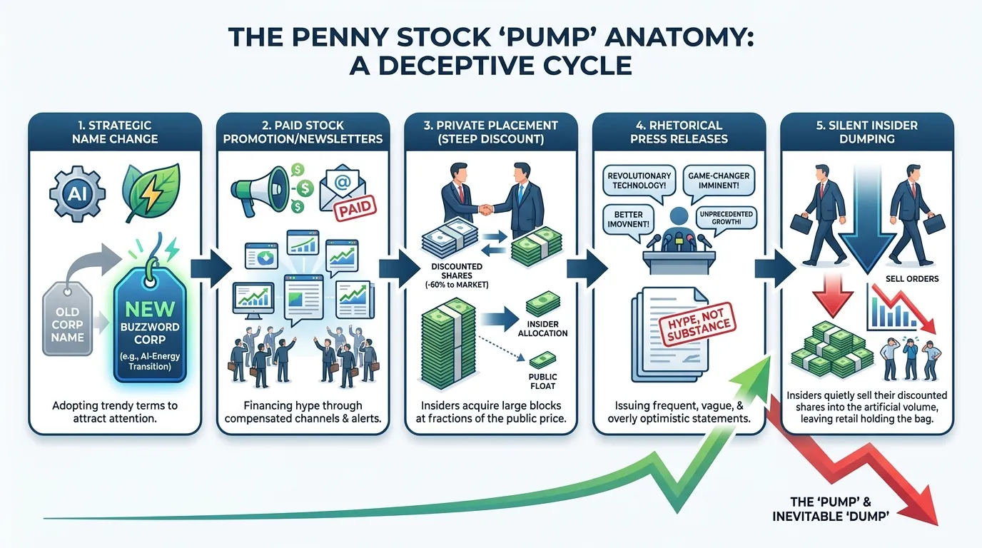 The Penny Stock "Pump" Anatomy: 1. Strategic Name Change (AI or Energy transition buzzwords), 2. Paid Stock Promotion/Newsletters, 3. Private Placement at steep discount to market, 4. Rhetorical Press Releases, 5. Silent Insider Dumping.