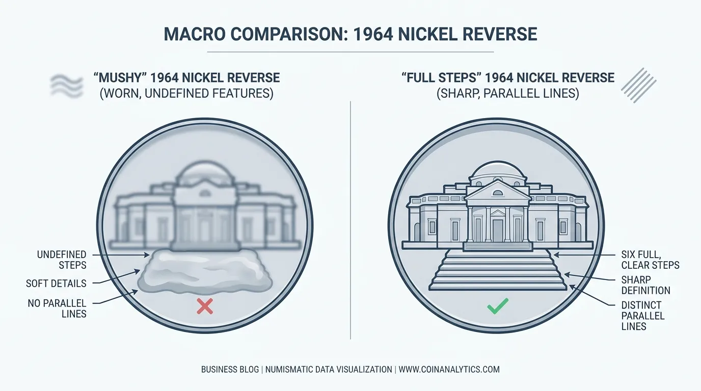 macro photography comparison showing a "mushy" 1964 nickel reverse vs. a "Full Steps" 1964 nickel reverse with clear, parallel lines.