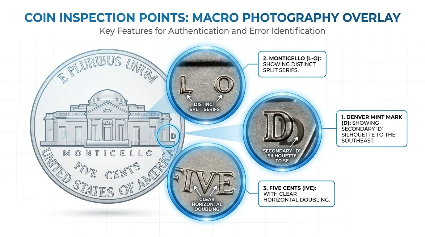 macro photography overlay showing 3 key inspection points: 1) The Denver mint mark showing a secondary "D" silhouette to the southeast. 2) The letters "L-O" in MONTICELLO showing distinct split serifs. 3) The letters "IVE" in FIVE CENTS with clear horizontal doubling.