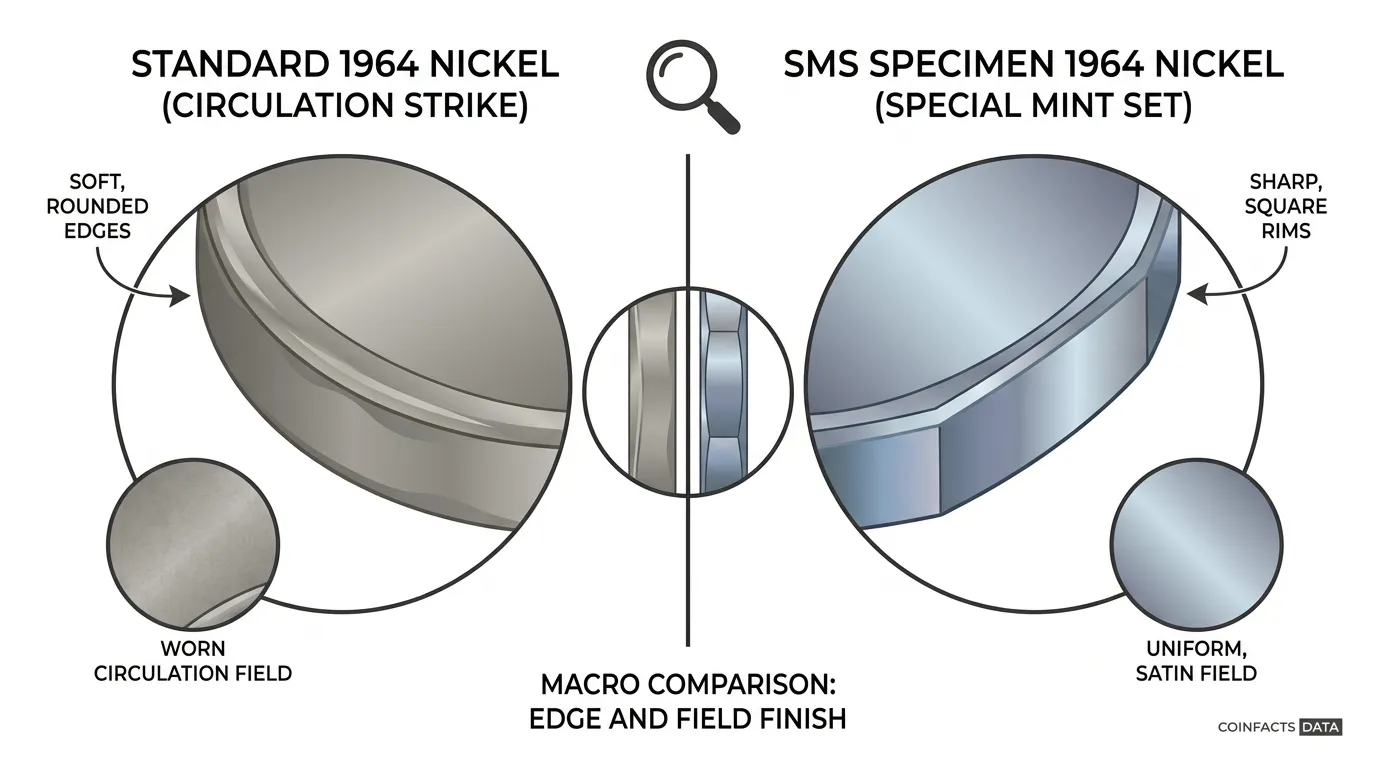 macro comparison of a standard 1964 nickel's soft edges versus the sharp, square rims and satin fields of an SMS specimen.