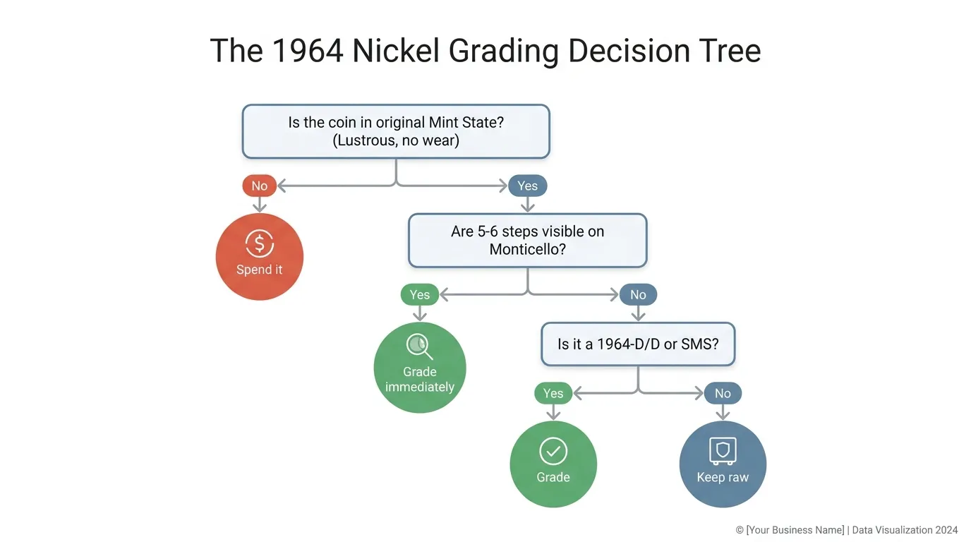 A clean, vertical flowchart titled "The 1964 Nickel Grading Decision Tree." Starting at the top: "Is the coin in original Mint State? (Lustrous, no wear)." If No -> Spend it. If Yes -> "Are 5-6 steps visible on Monticello?" If Yes -> Grade immediately. If No -> "Is it a 1964-D/D or SMS?" If Yes -> Grade. If No -> Keep raw.