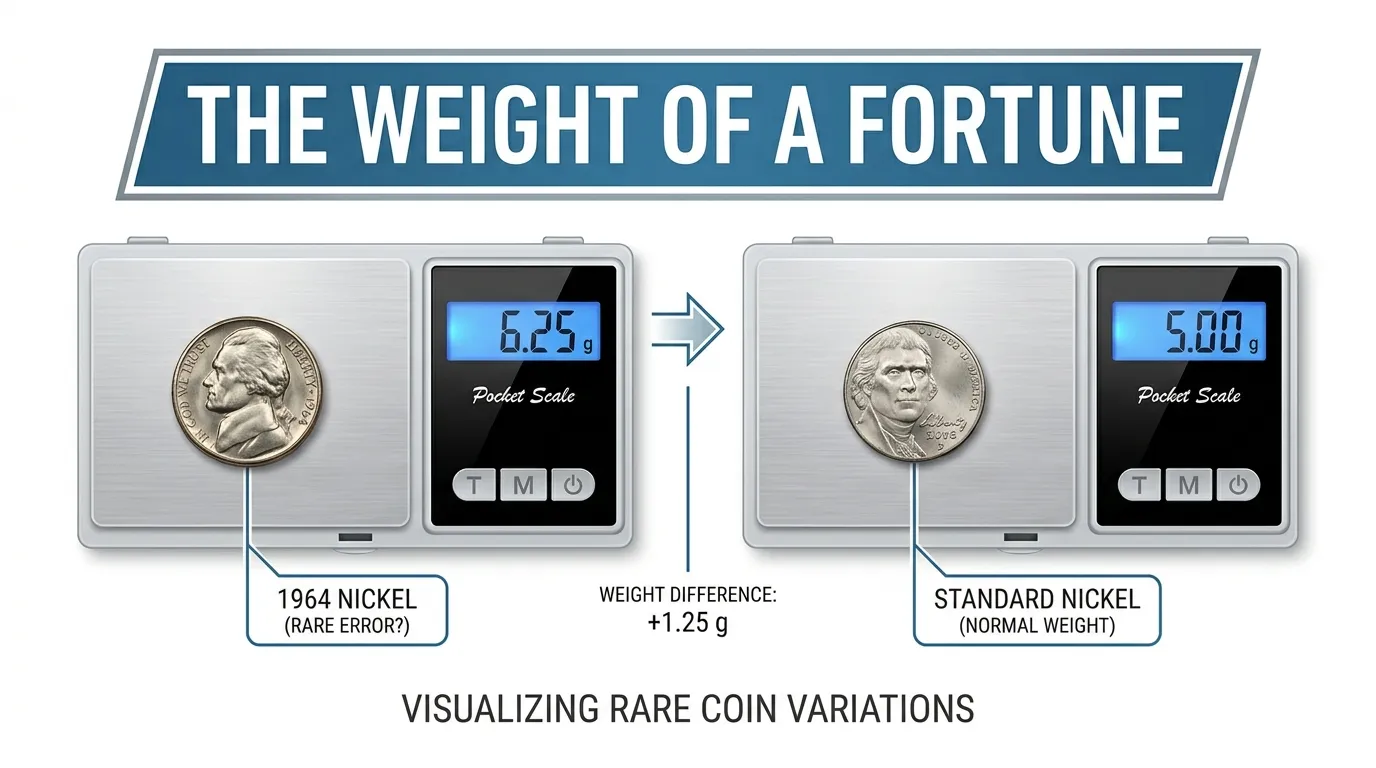 macro photo of a 1964 nickel on a digital scale showing 6.25g, contrasted with a standard nickel at 5.00g, labeled "The Weight of a Fortune."
