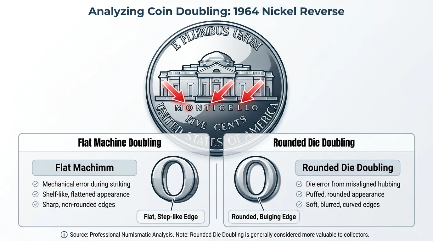 A high-contrast close-up of the 1964 Nickel reverse. Red arrows point to the 'MONTICELLO' lettering showing thickened, overlapping serifs. Side-by-side comparison of 'Flat Machine Doubling' vs. 'Rounded Die Doubling' with labels.