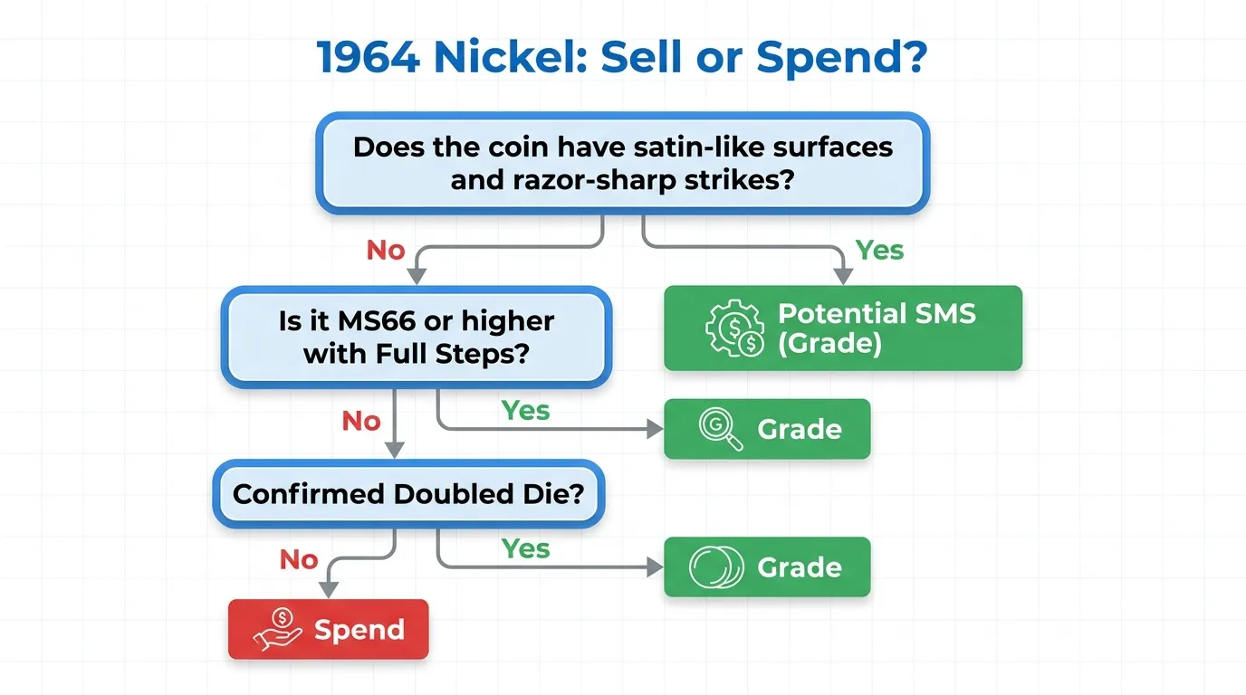 A clean, vertical flowchart titled "1964 Nickel: Sell or Spend?". Start: "Does the coin have satin-like surfaces and razor-sharp strikes?" Yes -> Potential SMS (Grade). No -> "Is it MS66 or higher with Full Steps?" Yes -> Grade. No -> "Confirmed Doubled Die?" Yes -> Grade. No -> Spend.
