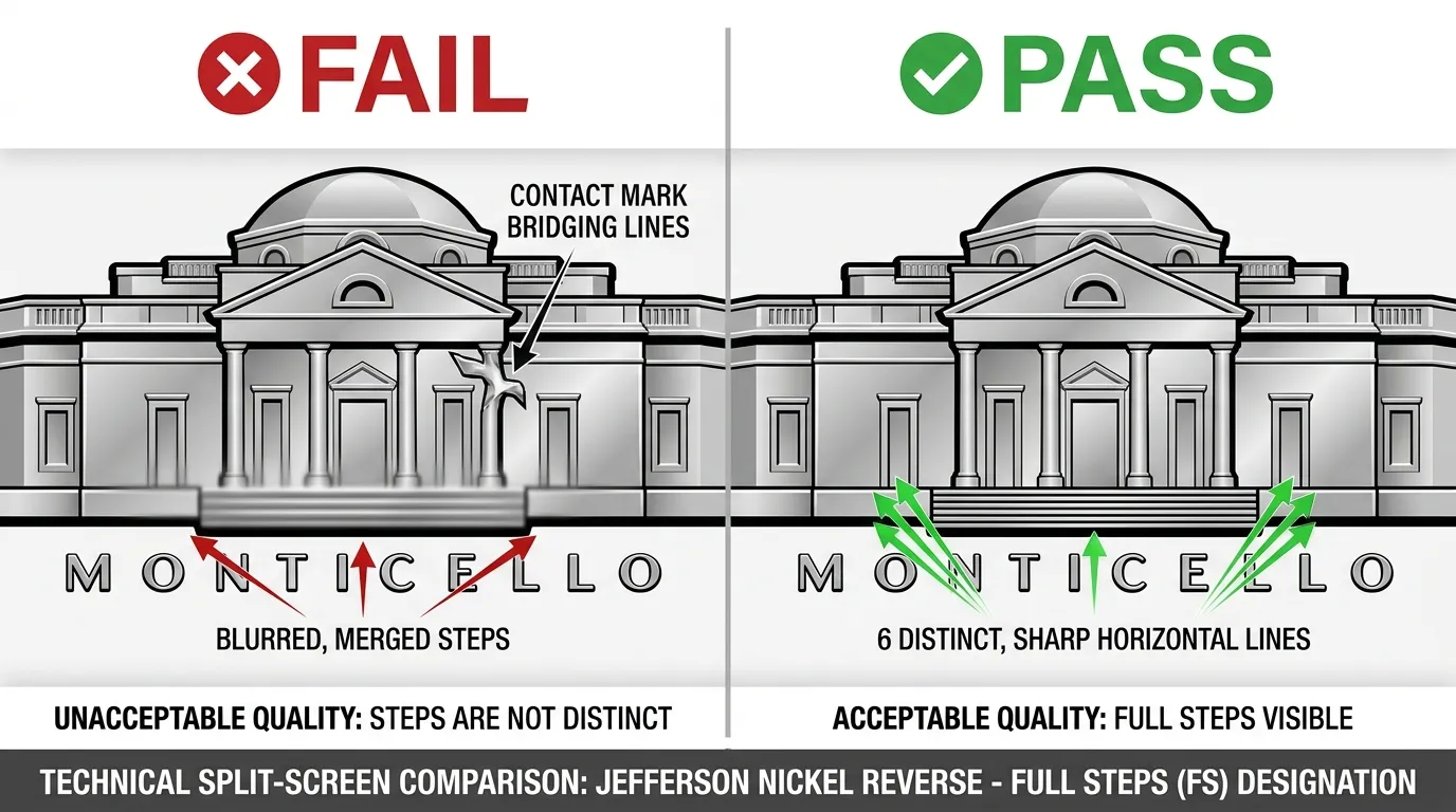 Technical split-screen comparison of a Jefferson Nickel reverse. Left side labeled 'FAIL': Shows blurred, merged steps with a small contact mark 'bridging' the lines. Right side labeled 'PASS': Shows 6 razor-sharp, distinct horizontal lines under Monticello. High-contrast, macro-photography style with callout arrows pointing to the step transitions.