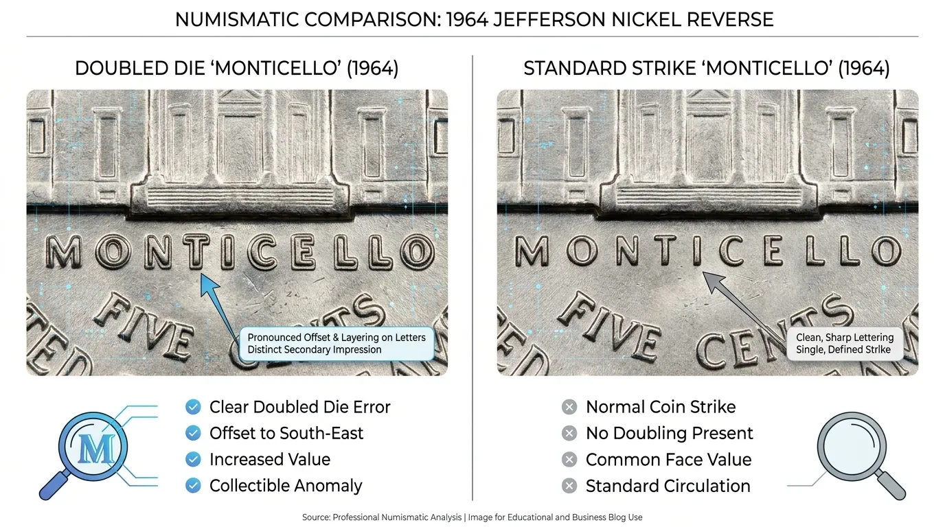 macro photography showing doubling on the word 'MONTICELLO' of a 1964 nickel, split-screen comparison with a standard strike.