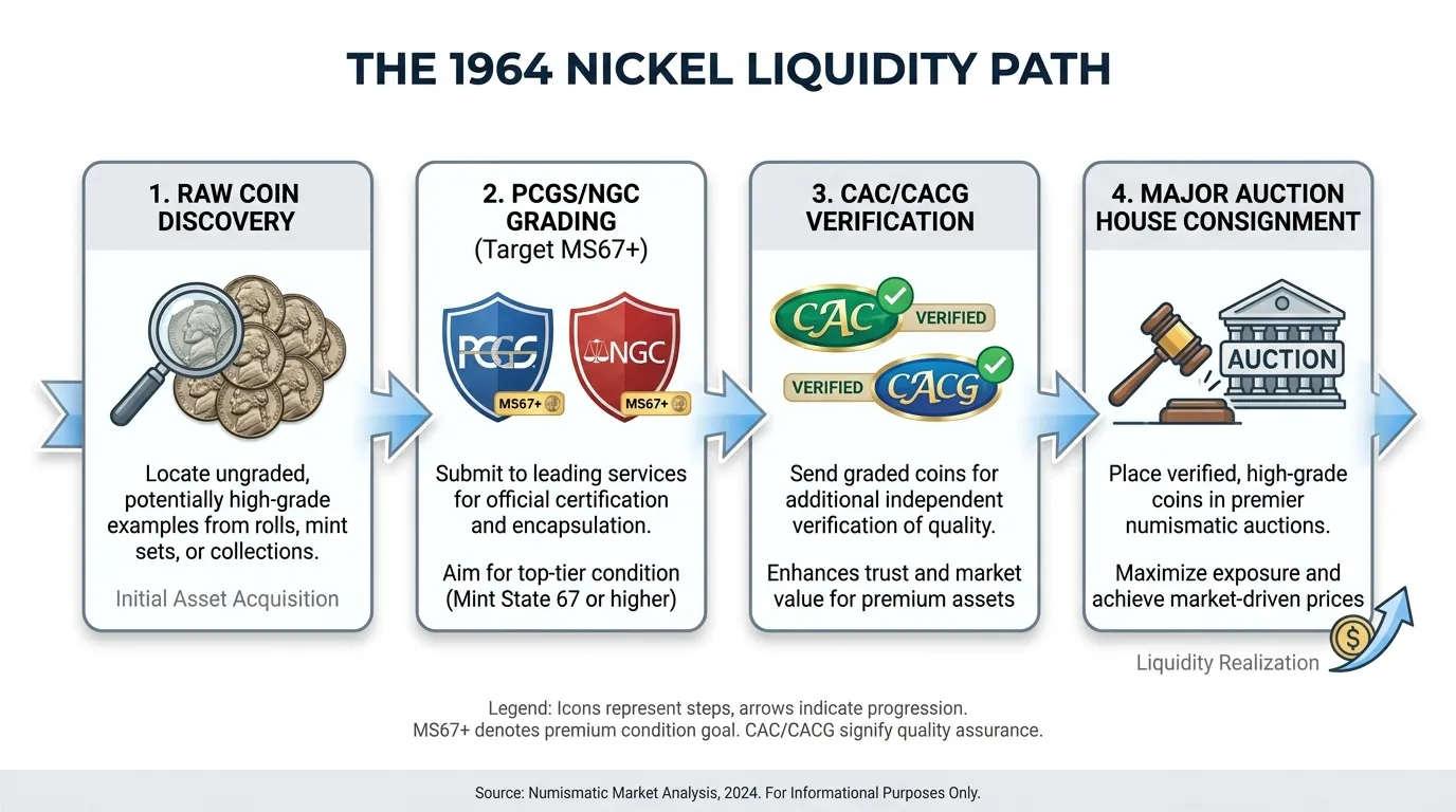 A step-by-step flowchart titled "The 1964 Nickel Liquidity Path," showing: 1. Raw Coin Discovery -> 2. PCGS/NGC Grading (Target MS67+) -> 3. CAC/CACG Verification -> 4. Major Auction House Consignment.