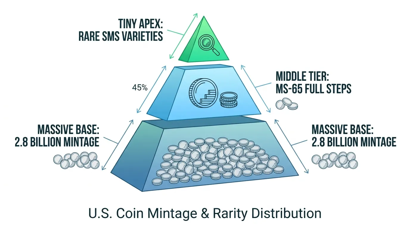 A pyramid diagram showing the massive 2.8 billion mintage base, a middle tier for MS-65 Full Steps, and a tiny apex representing the rare SMS varieties.