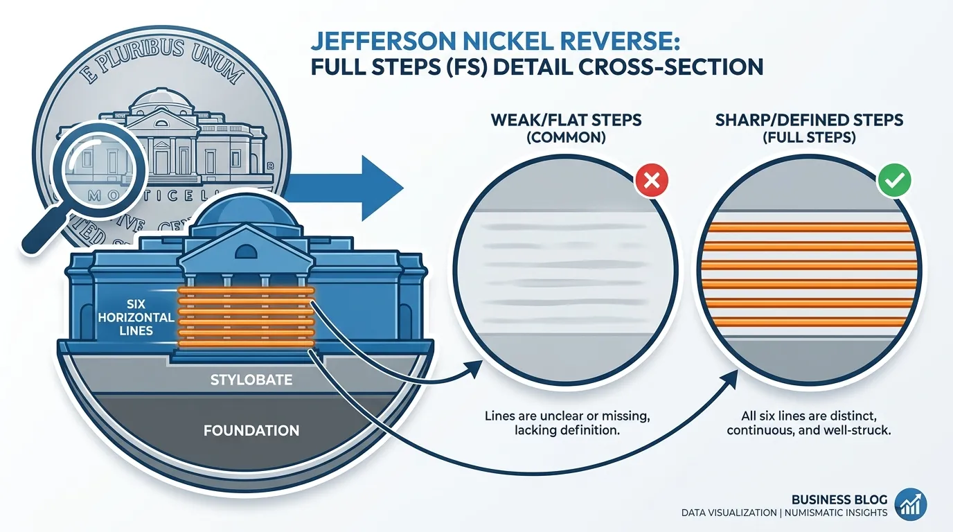 Macro cross-section of the Jefferson Nickel reverse (Monticello). Highlighting the six horizontal lines at the base of the portico. Zoom-in circles showing the difference between 'Weak/Flat Steps' (common) and 'Sharp/Defined Steps' (Full Steps). Annotate the "Stylobate" and the "Foundation" as the boundaries for the lines.