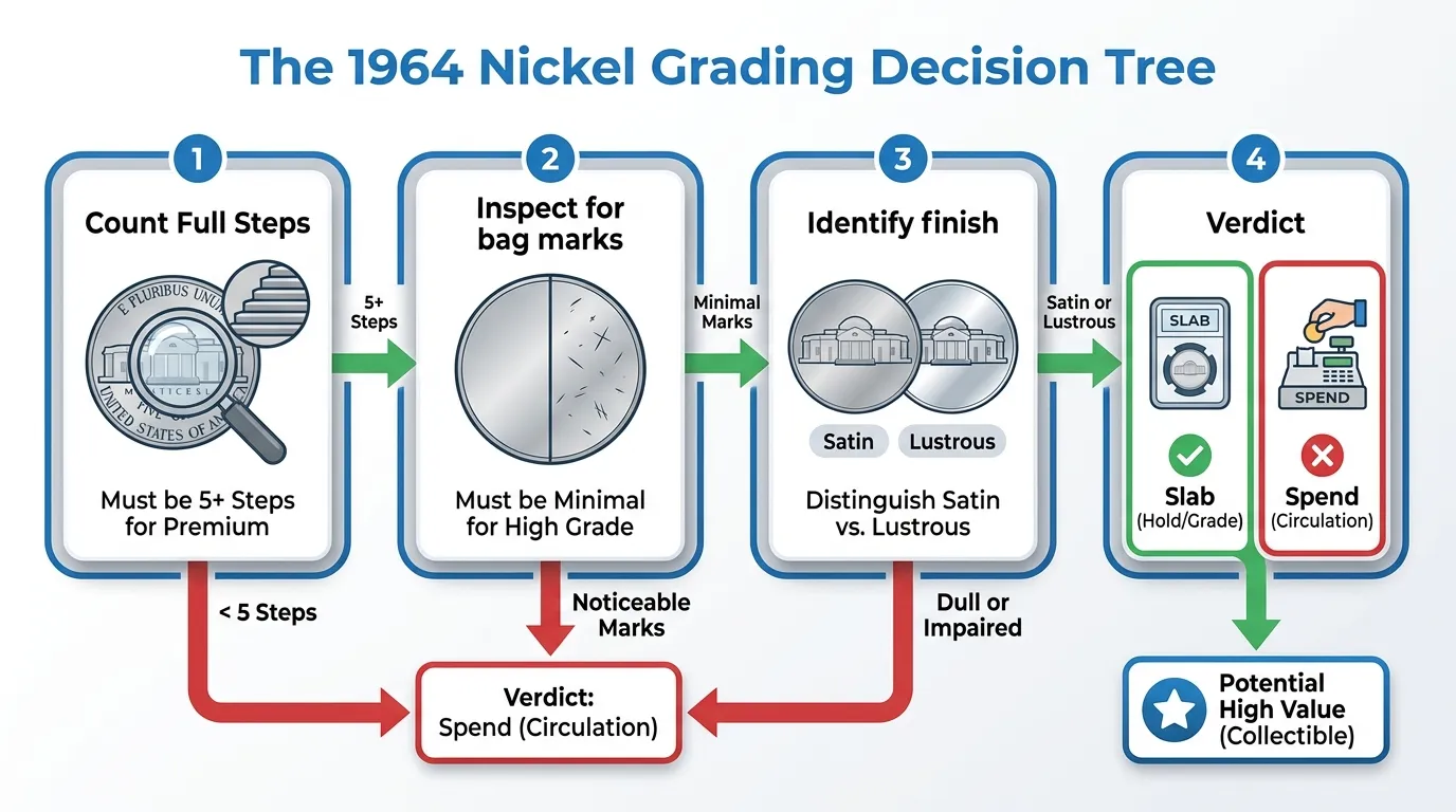 A vertical flowchart titled "The 1964 Nickel Grading Decision Tree." Steps include: 1. Count Full Steps (Must be 5+). 2. Inspect for bag marks (Must be minimal). 3. Identify finish (Satin vs. Lustrous). 4. Verdict: Slab or Spend.