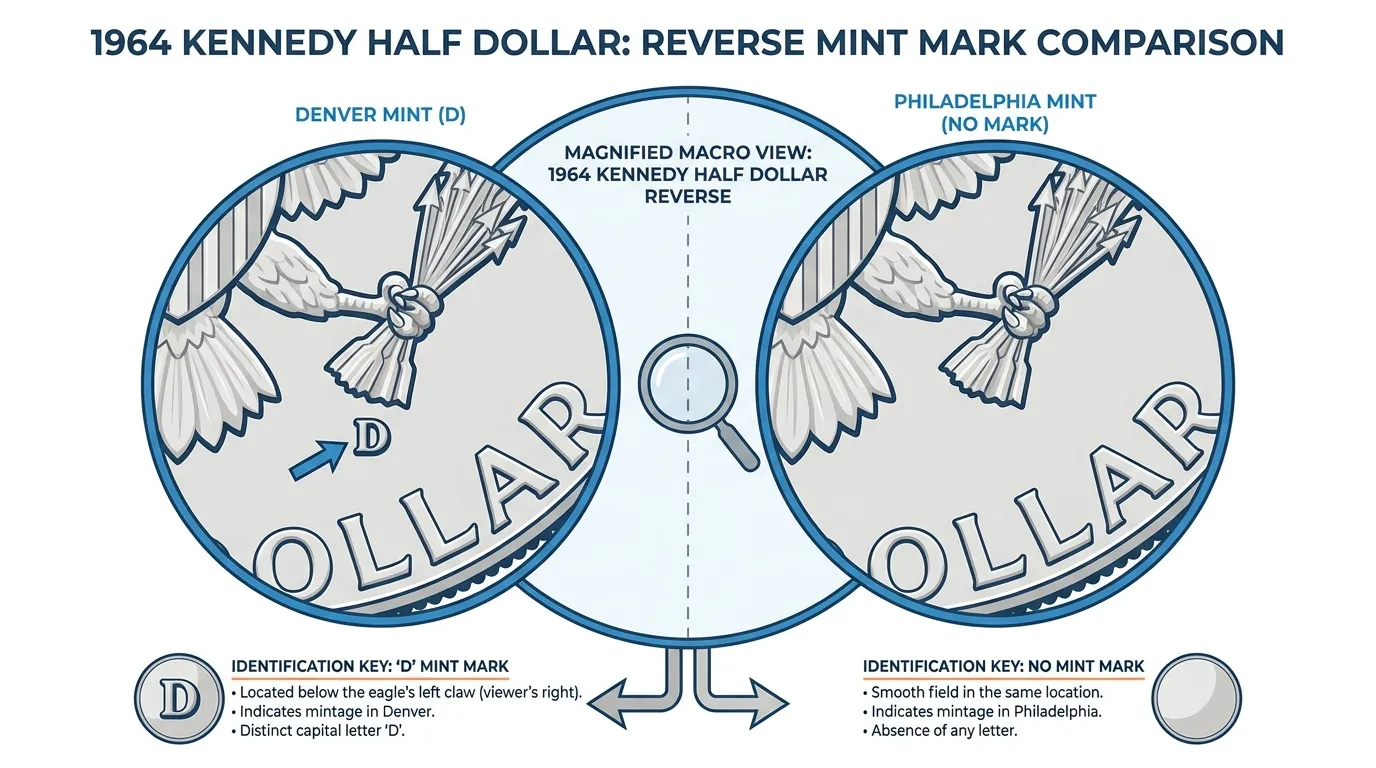 close-up macro view of the 1964 Kennedy Half Dollar reverse, magnifying the area below the eagle's left claw (viewer's right) to highlight the 'D' mint mark vs. the smooth field of a Philadelphia strike.