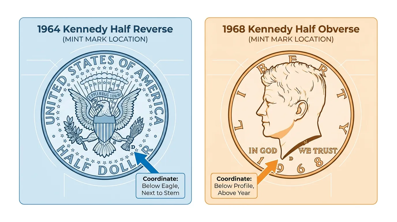 Side-by-side comparison of a 1964 Kennedy Half reverse showing the 'D' next to the olive branch stem, contrasted with a 1968 obverse showing the 'D' or 'S' above the year '1968'. Annotations pointing to specific coordinates.