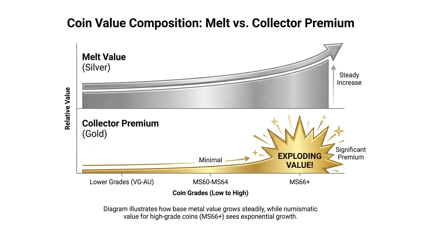 A high-resolution comparative diagram showing a "Melt Value" bar rising while "Collector Premium" stays flat for lower grades, then exploding upward for MS66+ grades, using metallic silver and gold accents.
