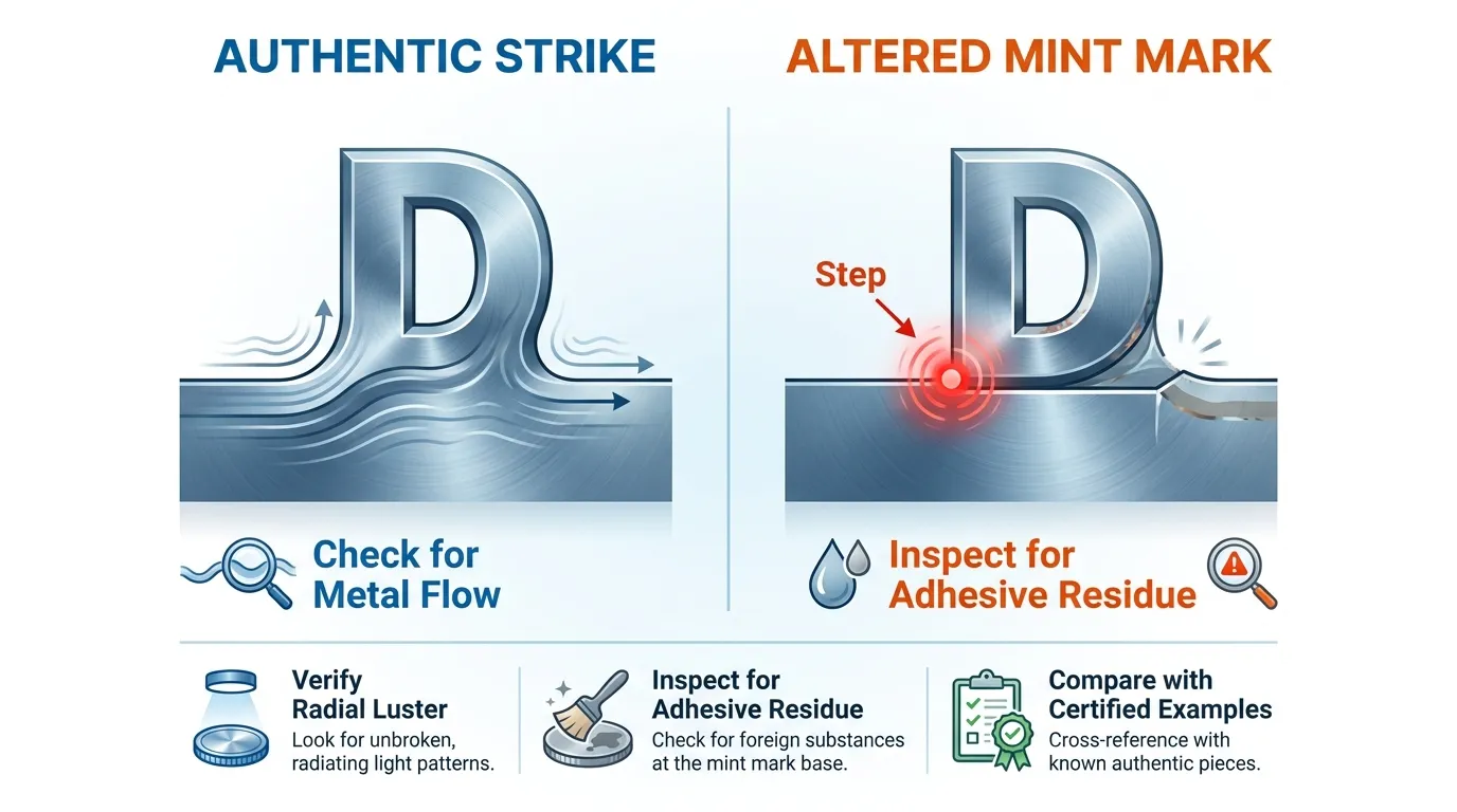 A high-contrast macro comparison: Left side shows an 'Authentic Strike' with seamless metal flow at the base of the 'D'. Right side shows an 'Altered Mint Mark' with a highlighted red circle indicating a 'Step' or 'Seam' at the base. Labels include: "Check for Metal Flow," "Inspect for Adhesive Residue," and "Verify Radial Luster."
