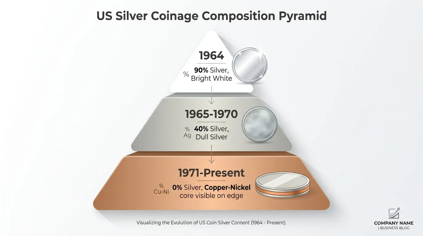 A vertical three-tier pyramid. Top tier: 1964 (90% Silver, Bright White); Middle tier: 1965-1970 (40% Silver, Dull Silver); Bottom tier: 1971-Present (0% Silver, Copper-Nickel core visible on edge).
