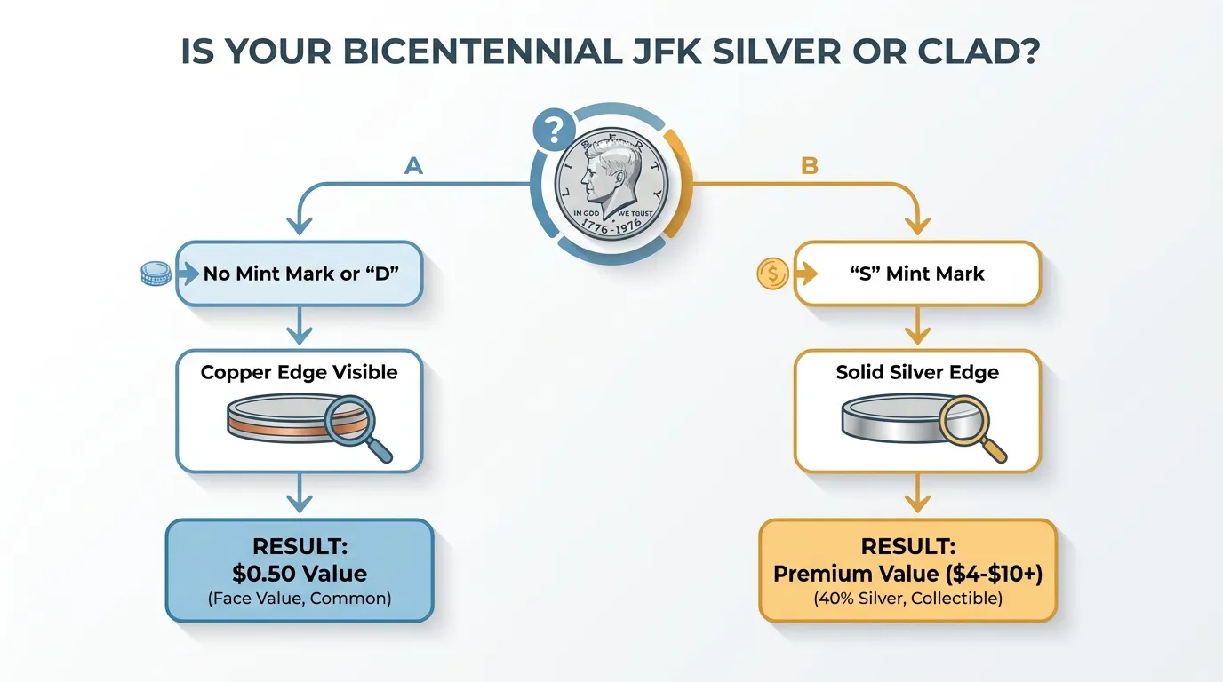 A decision-tree flowchart titled "Is Your Bicentennial JFK Silver or Clad?". Path A: No Mint Mark or 'D' -> Copper Edge visible -> Result: $0.50 Value. Path B: 'S' Mint Mark -> Solid Silver Edge -> Result: Premium Value ($4-$10+).